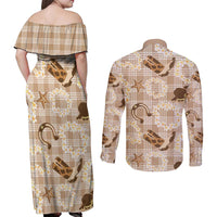 Aloha Hawaii Paniolo Khaki Palaka Couples Matching Off Shoulder Maxi Dress and Long Sleeve Button Shirt Coastal Rodeo LT7 - Polynesian Pride