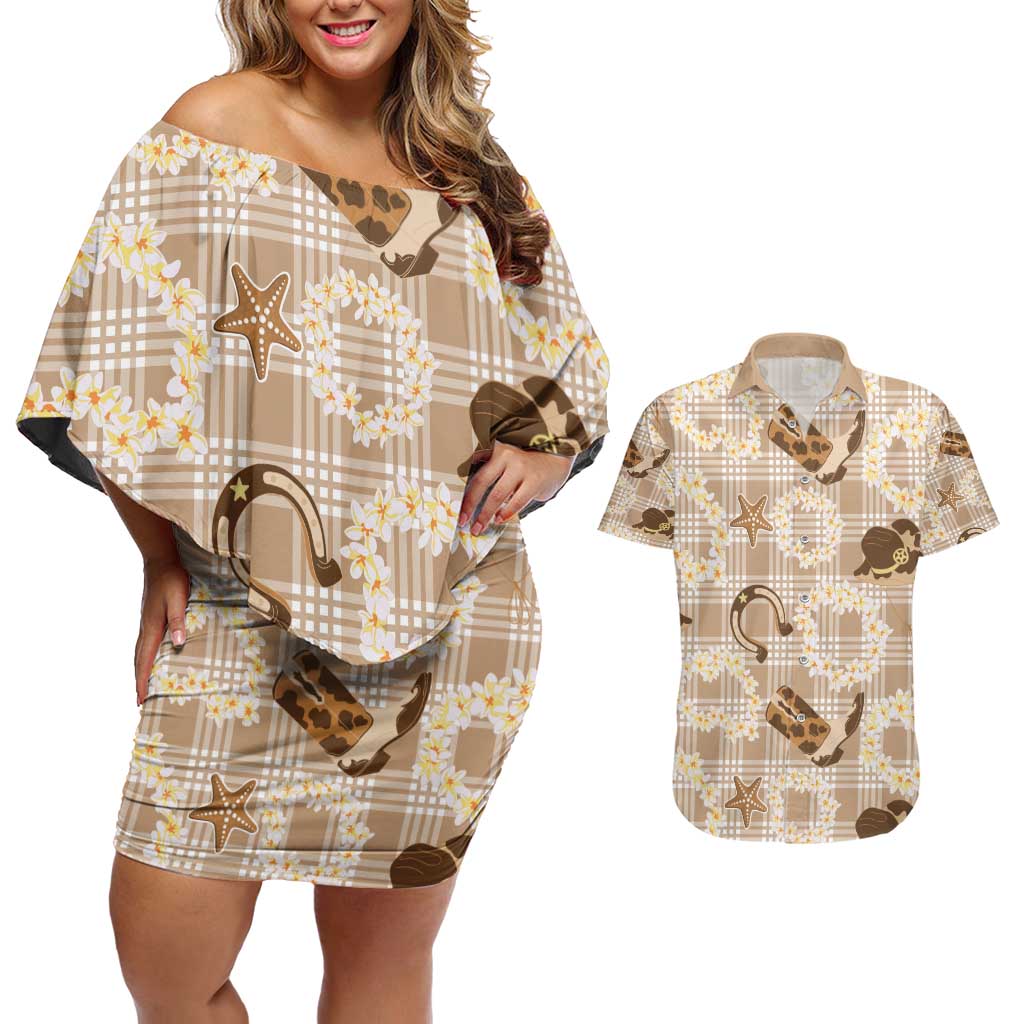 Aloha Hawaii Paniolo Khaki Palaka Couples Matching Off Shoulder Short Dress and Hawaiian Shirt Coastal Rodeo LT7 Khaki - Polynesian Pride