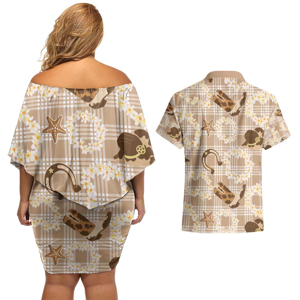 Aloha Hawaii Paniolo Khaki Palaka Couples Matching Off Shoulder Short Dress and Hawaiian Shirt Coastal Rodeo LT7 - Polynesian Pride