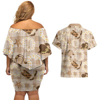 Aloha Hawaii Paniolo Khaki Palaka Couples Matching Off Shoulder Short Dress and Hawaiian Shirt Coastal Rodeo LT7 - Polynesian Pride
