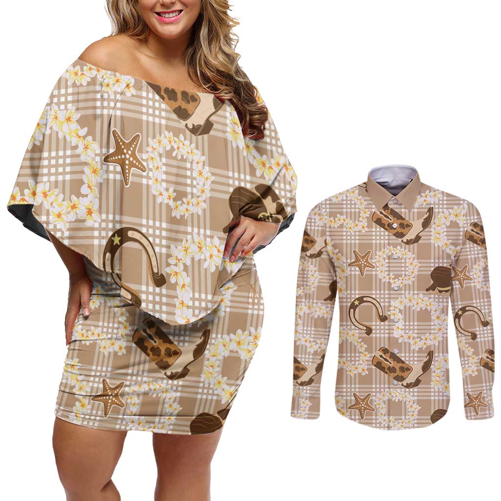 Aloha Hawaii Paniolo Khaki Palaka Couples Matching Off Shoulder Short Dress and Long Sleeve Button Shirt Coastal Rodeo LT7 Khaki - Polynesian Pride