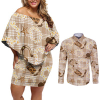 Aloha Hawaii Paniolo Khaki Palaka Couples Matching Off Shoulder Short Dress and Long Sleeve Button Shirt Coastal Rodeo LT7 Khaki - Polynesian Pride