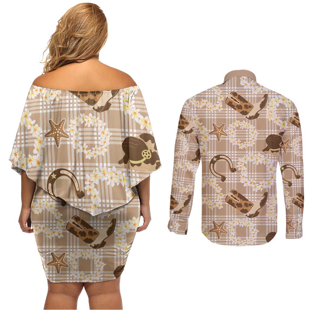 Aloha Hawaii Paniolo Khaki Palaka Couples Matching Off Shoulder Short Dress and Long Sleeve Button Shirt Coastal Rodeo LT7 - Polynesian Pride