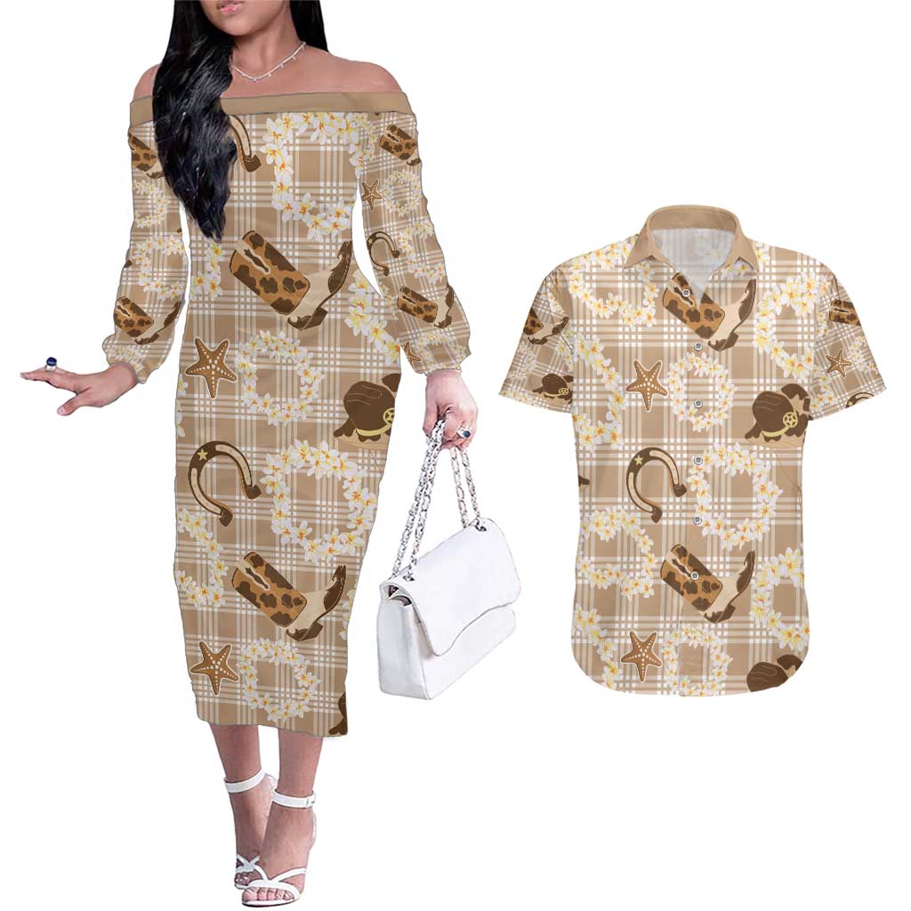 Aloha Hawaii Paniolo Khaki Palaka Couples Matching Off The Shoulder Long Sleeve Dress and Hawaiian Shirt Coastal Rodeo LT7 Khaki - Polynesian Pride