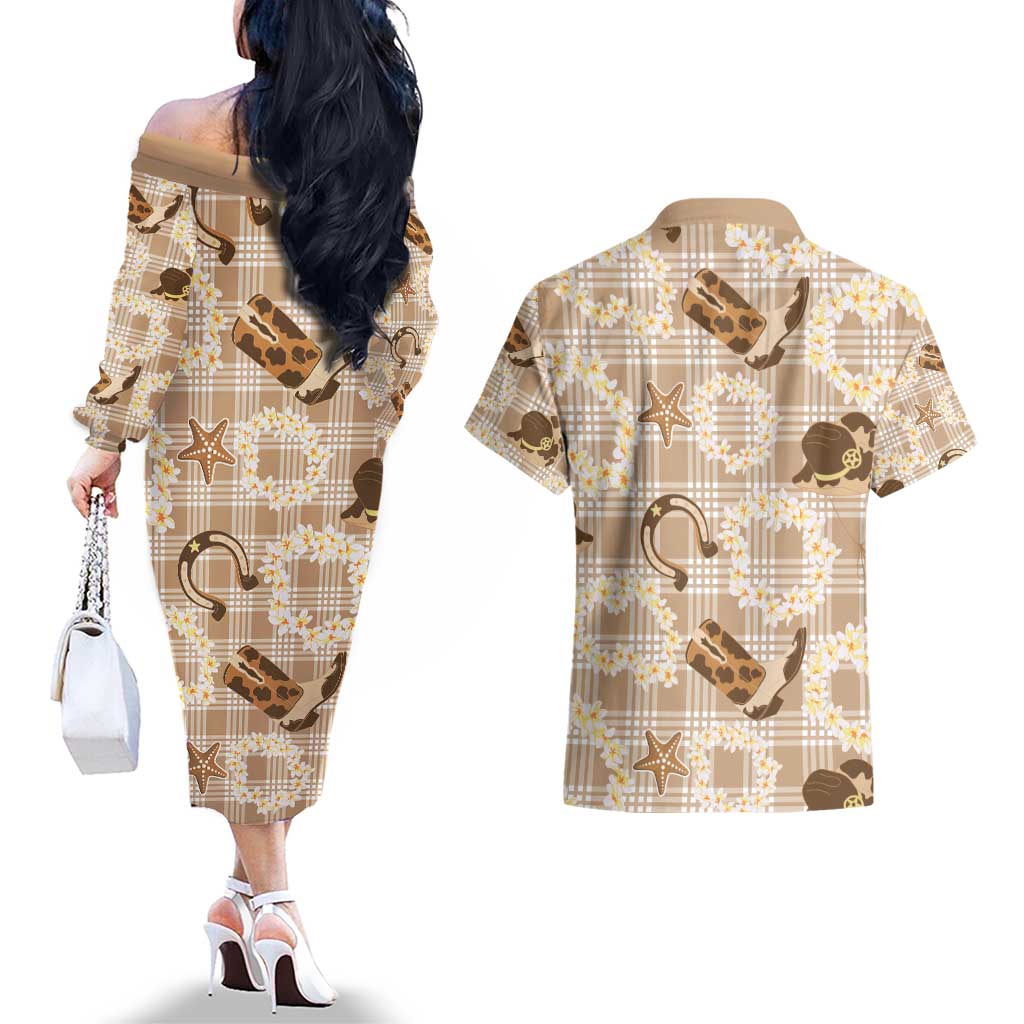 Aloha Hawaii Paniolo Khaki Palaka Couples Matching Off The Shoulder Long Sleeve Dress and Hawaiian Shirt Coastal Rodeo LT7 - Polynesian Pride
