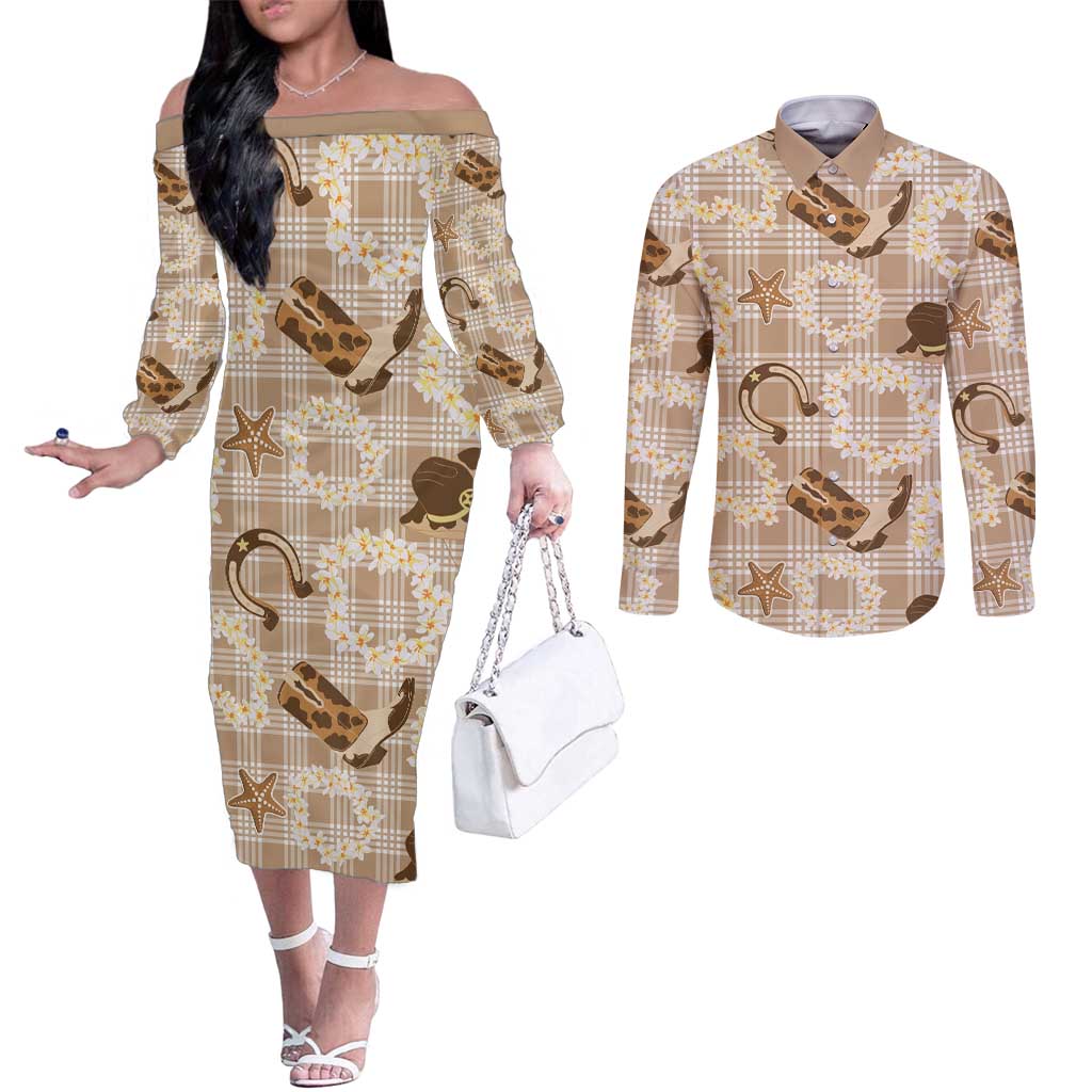 Aloha Hawaii Paniolo Khaki Palaka Couples Matching Off The Shoulder Long Sleeve Dress and Long Sleeve Button Shirt Coastal Rodeo LT7 Khaki - Polynesian Pride