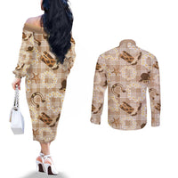 Aloha Hawaii Paniolo Khaki Palaka Couples Matching Off The Shoulder Long Sleeve Dress and Long Sleeve Button Shirt Coastal Rodeo LT7 - Polynesian Pride