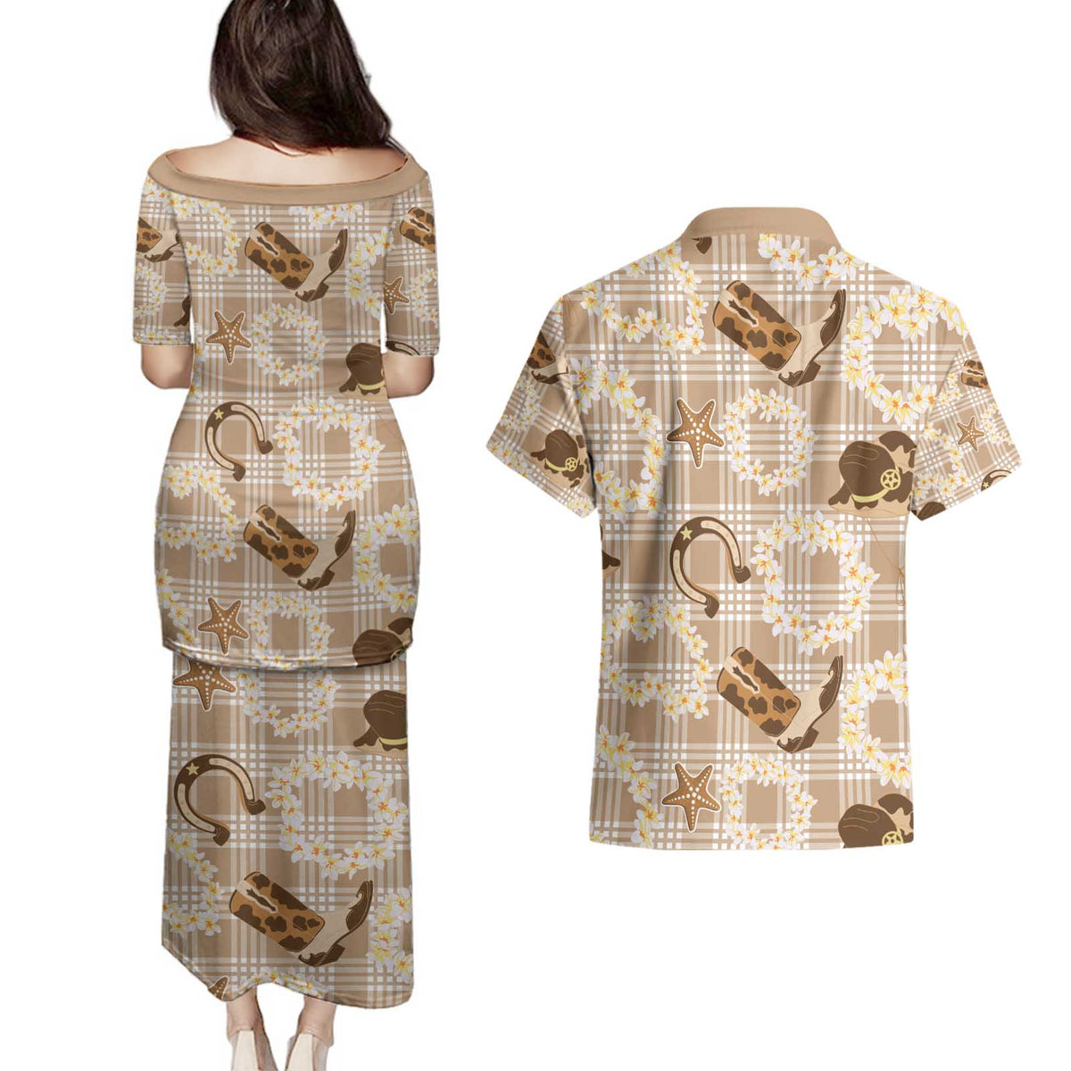 Aloha Hawaii Paniolo Khaki Palaka Couples Matching Puletasi and Hawaiian Shirt Coastal Rodeo LT7 - Polynesian Pride