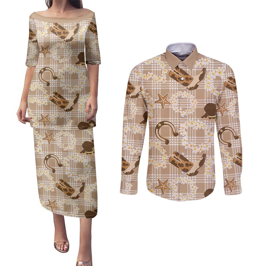 Aloha Hawaii Paniolo Khaki Palaka Couples Matching Puletasi and Long Sleeve Button Shirt Coastal Rodeo LT7 Khaki - Polynesian Pride