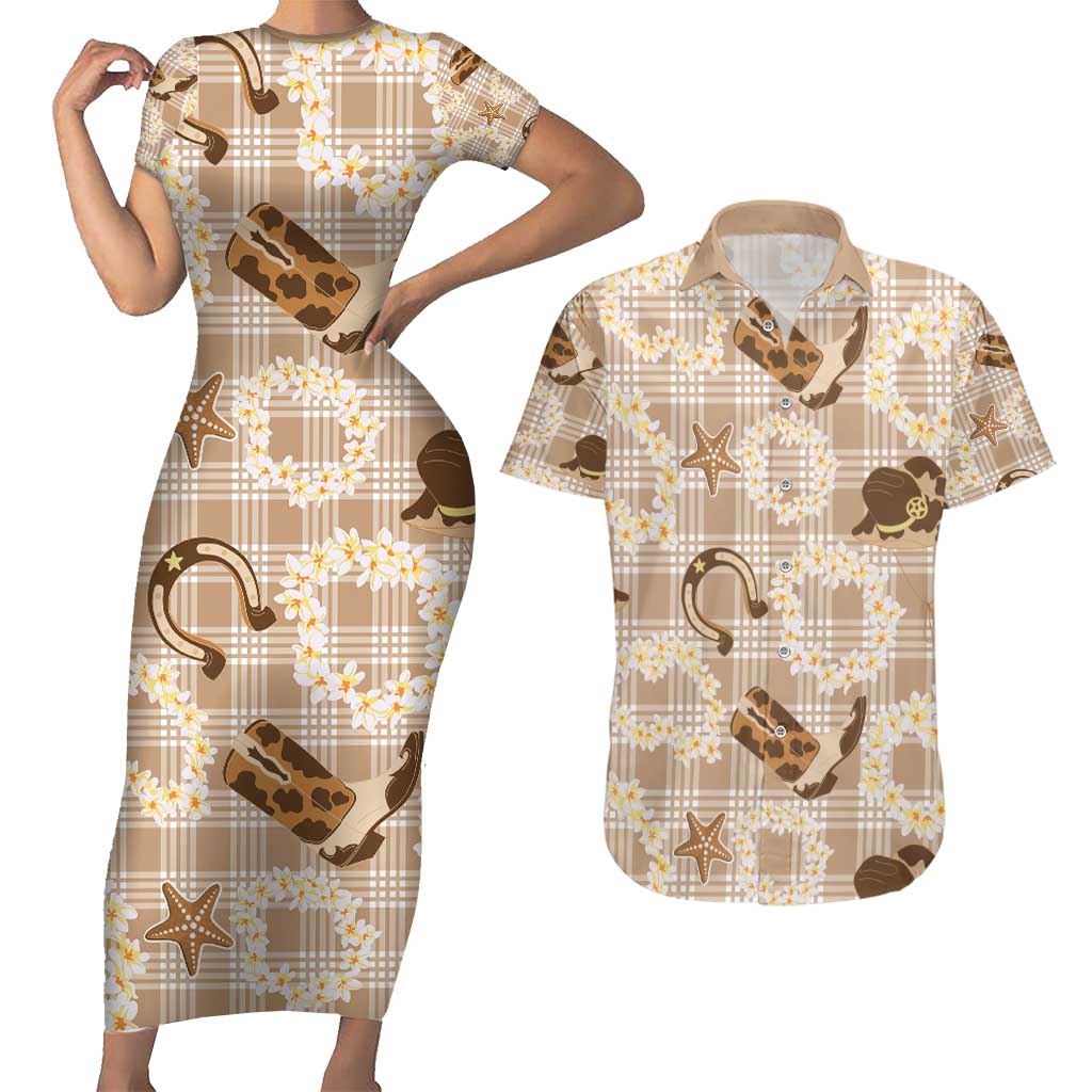 Aloha Hawaii Paniolo Khaki Palaka Couples Matching Short Sleeve Bodycon Dress and Hawaiian Shirt Coastal Rodeo LT7 Khaki - Polynesian Pride