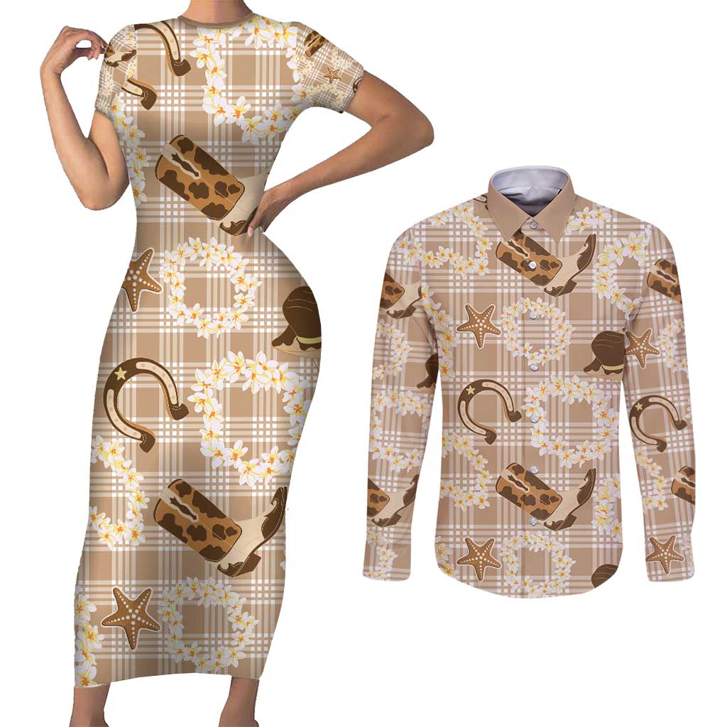 Aloha Hawaii Paniolo Khaki Palaka Couples Matching Short Sleeve Bodycon Dress and Long Sleeve Button Shirt Coastal Rodeo LT7 Khaki - Polynesian Pride