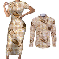 Aloha Hawaii Paniolo Khaki Palaka Couples Matching Short Sleeve Bodycon Dress and Long Sleeve Button Shirt Coastal Rodeo LT7 Khaki - Polynesian Pride