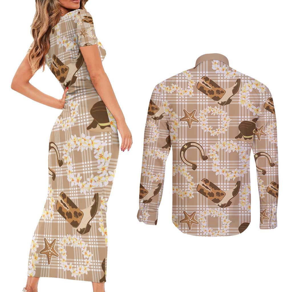 Aloha Hawaii Paniolo Khaki Palaka Couples Matching Short Sleeve Bodycon Dress and Long Sleeve Button Shirt Coastal Rodeo LT7 - Polynesian Pride