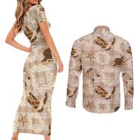 Aloha Hawaii Paniolo Khaki Palaka Couples Matching Short Sleeve Bodycon Dress and Long Sleeve Button Shirt Coastal Rodeo LT7 - Polynesian Pride