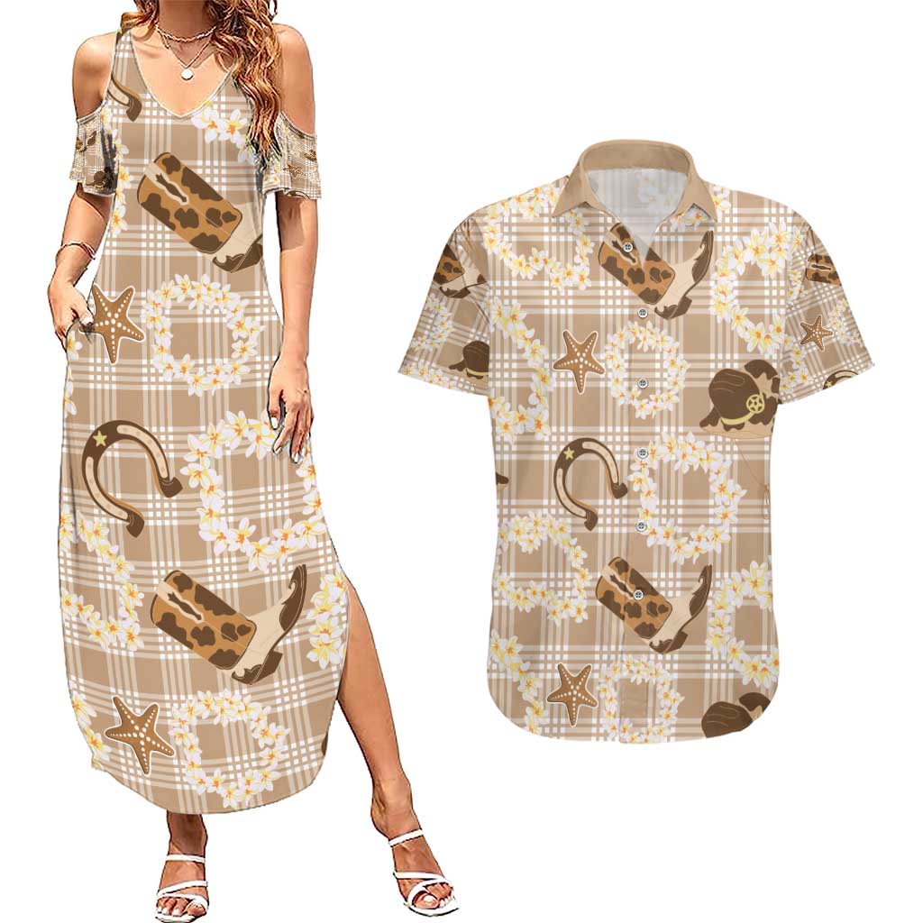 Aloha Hawaii Paniolo Khaki Palaka Couples Matching Summer Maxi Dress and Hawaiian Shirt Coastal Rodeo LT7 Khaki - Polynesian Pride
