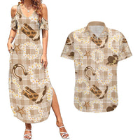 Aloha Hawaii Paniolo Khaki Palaka Couples Matching Summer Maxi Dress and Hawaiian Shirt Coastal Rodeo LT7 Khaki - Polynesian Pride