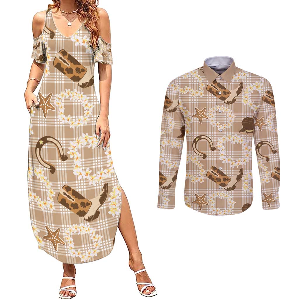 Aloha Hawaii Paniolo Khaki Palaka Couples Matching Summer Maxi Dress and Long Sleeve Button Shirt Coastal Rodeo LT7 Khaki - Polynesian Pride