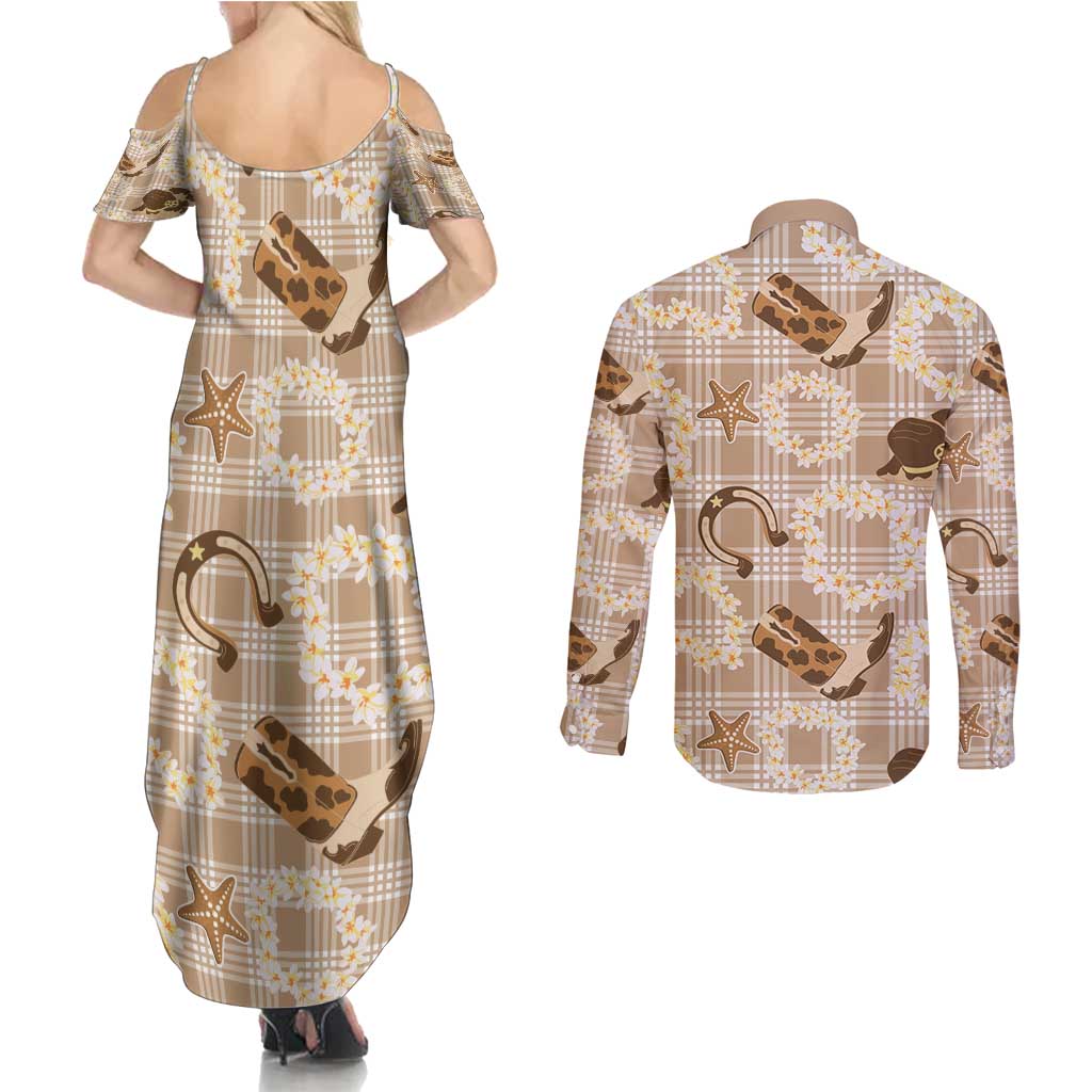 Aloha Hawaii Paniolo Khaki Palaka Couples Matching Summer Maxi Dress and Long Sleeve Button Shirt Coastal Rodeo LT7 - Polynesian Pride