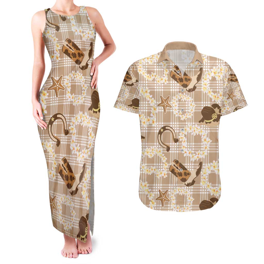 Aloha Hawaii Paniolo Khaki Palaka Couples Matching Tank Maxi Dress and Hawaiian Shirt Coastal Rodeo LT7 Khaki - Polynesian Pride