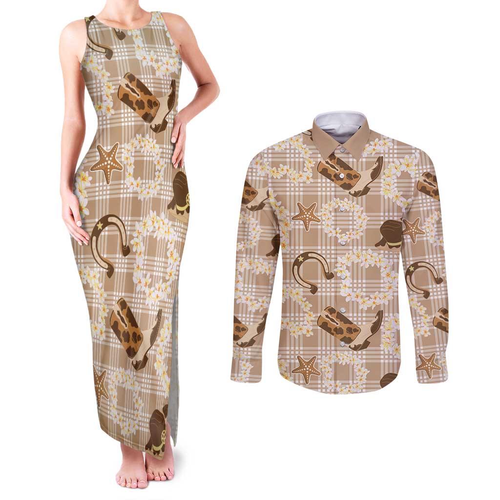 Aloha Hawaii Paniolo Khaki Palaka Couples Matching Tank Maxi Dress and Long Sleeve Button Shirt Coastal Rodeo LT7 Khaki - Polynesian Pride