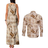 Aloha Hawaii Paniolo Khaki Palaka Couples Matching Tank Maxi Dress and Long Sleeve Button Shirt Coastal Rodeo LT7 - Polynesian Pride