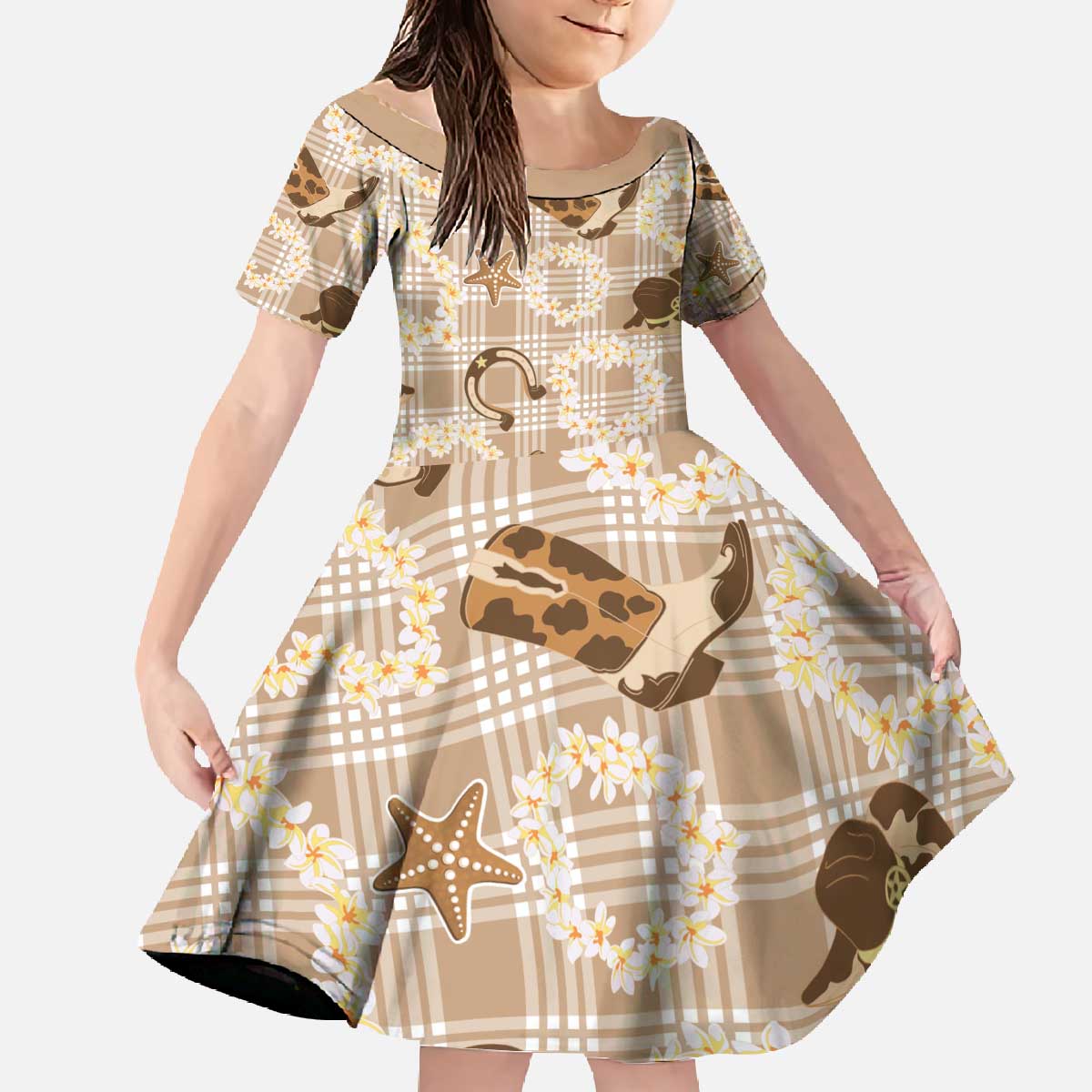 Aloha Hawaii Paniolo Khaki Palaka Family Matching Off The Shoulder Long Sleeve Dress and Hawaiian Shirt Coastal Rodeo LT7 Daughter's Dress Khaki - Polynesian Pride