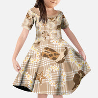 Aloha Hawaii Paniolo Khaki Palaka Family Matching Off Shoulder Maxi Dress and Hawaiian Shirt Coastal Rodeo LT7 Daughter's Dress Khaki - Polynesian Pride