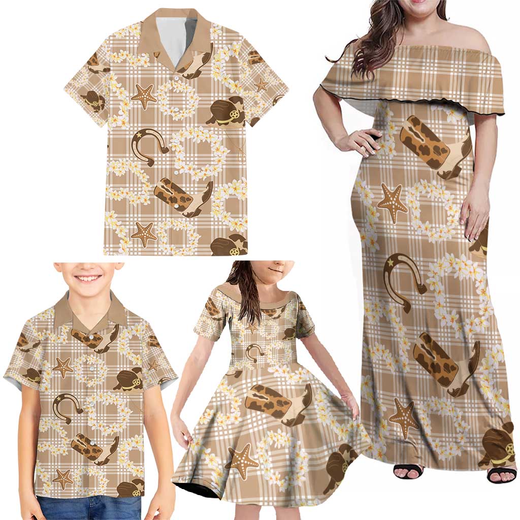 Aloha Hawaii Paniolo Khaki Palaka Family Matching Off Shoulder Maxi Dress and Hawaiian Shirt Coastal Rodeo LT7 - Polynesian Pride