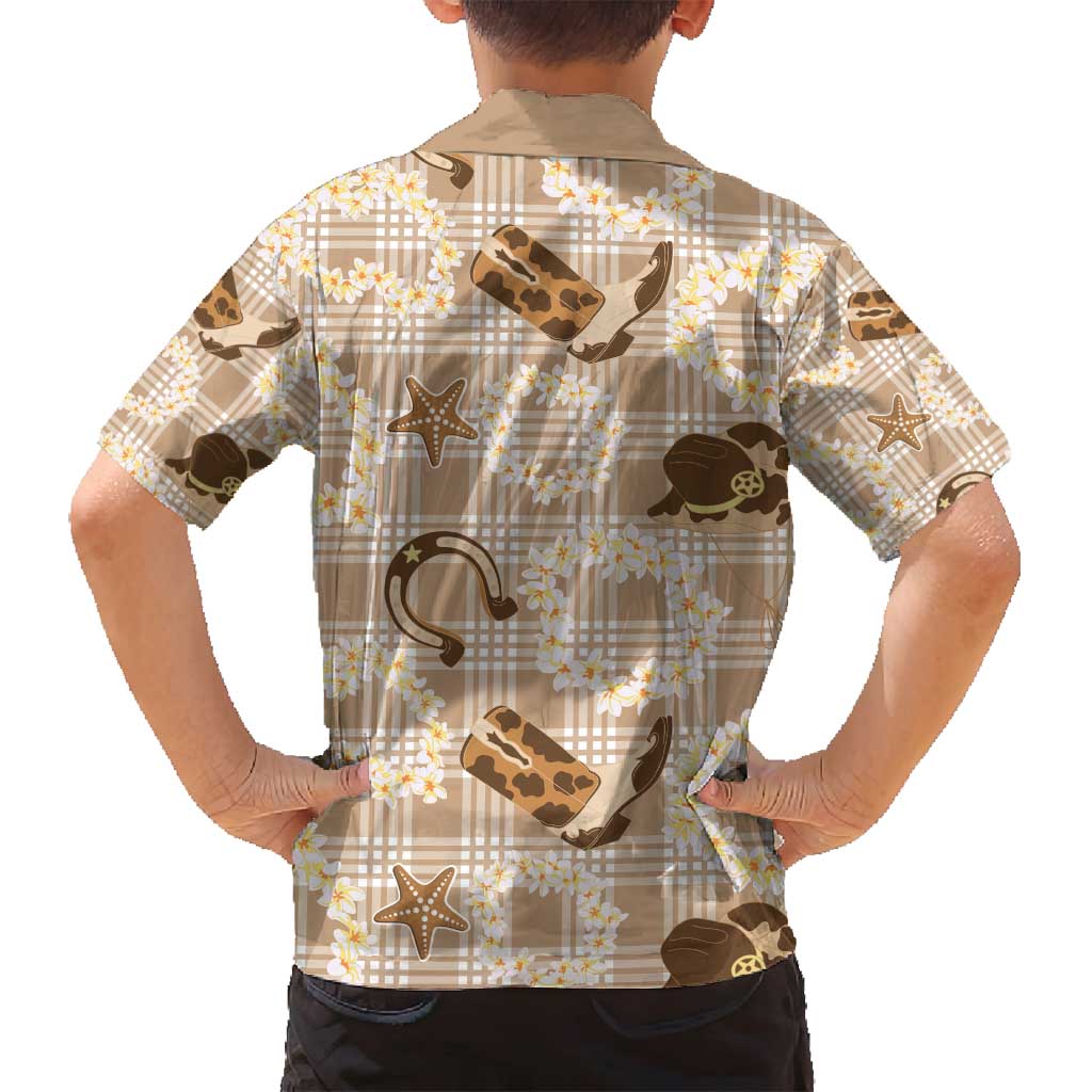 Aloha Hawaii Paniolo Khaki Palaka Family Matching Off Shoulder Short Dress and Hawaiian Shirt Coastal Rodeo LT7 - Polynesian Pride