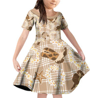 Aloha Hawaii Paniolo Khaki Palaka Family Matching Off Shoulder Short Dress and Hawaiian Shirt Coastal Rodeo LT7 Daughter's Dress Khaki - Polynesian Pride