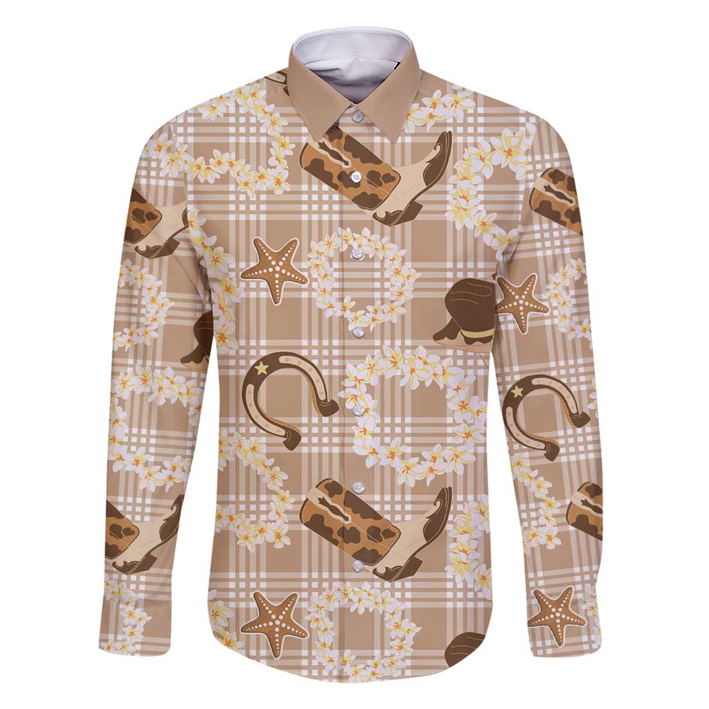 Aloha Hawaii Paniolo Khaki Palaka Family Matching Off Shoulder Short Dress and Hawaiian Shirt Coastal Rodeo LT7 Dad's Shirt - Long Sleeve Khaki - Polynesian Pride
