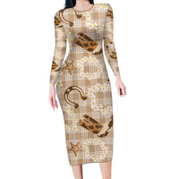Aloha Hawaii Paniolo Khaki Palaka Long Sleeve Bodycon Dress Coastal Rodeo - Polynesian Pride