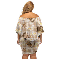 Aloha Hawaii Paniolo Khaki Palaka Off Shoulder Short Dress Coastal Rodeo - Polynesian Pride