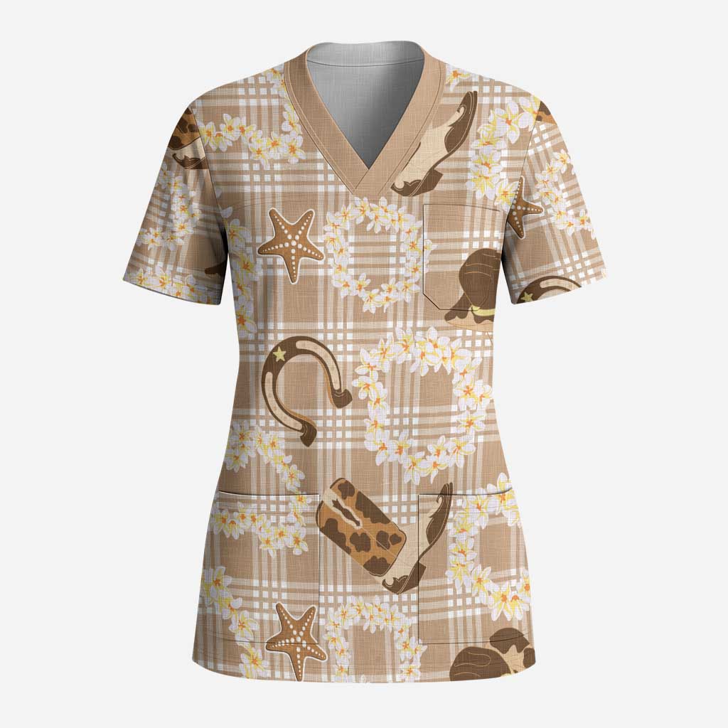 Aloha Hawaii Paniolo Khaki Palaka Scrub Top Coastal Rodeo LT7 Adult Khaki - Polynesian Pride