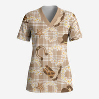 Aloha Hawaii Paniolo Khaki Palaka Scrub Top Coastal Rodeo LT7 Adult Khaki - Polynesian Pride