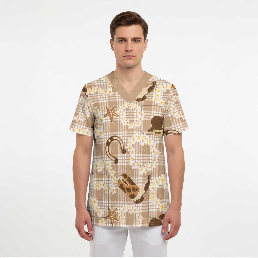 Aloha Hawaii Paniolo Khaki Palaka Scrub Top Coastal Rodeo LT7 - Polynesian Pride