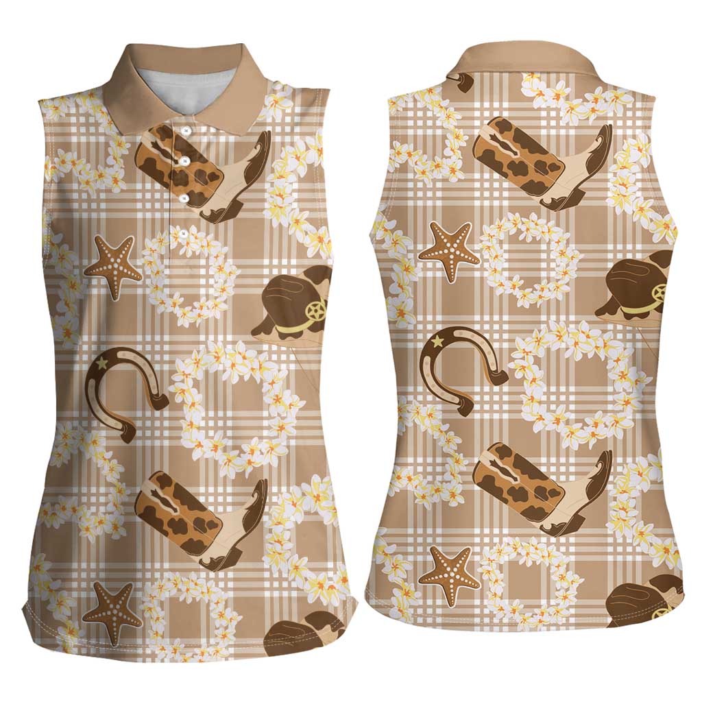 Aloha Hawaii Paniolo Khaki Palaka Women Sleeveless Polo Shirt Coastal Rodeo LT7 - Polynesian Pride