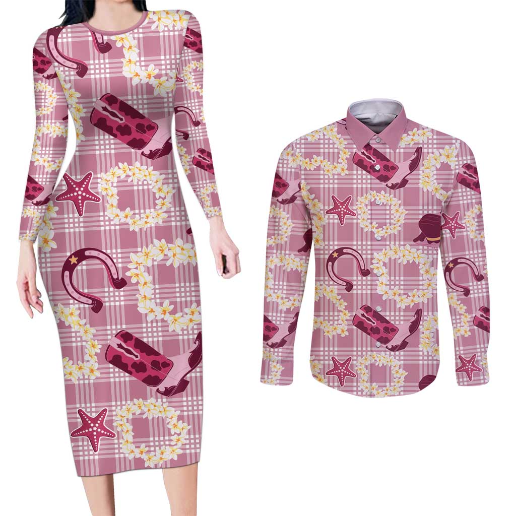 Aloha Hawaii Paniolo Lokelani Rose Palaka Couples Matching Long Sleeve Bodycon Dress and Long Sleeve Button Shirt Coastal Rodeo LT7 Rose Pink - Polynesian Pride