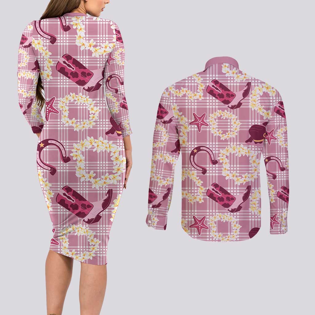 Aloha Hawaii Paniolo Lokelani Rose Palaka Couples Matching Long Sleeve Bodycon Dress and Long Sleeve Button Shirt Coastal Rodeo LT7 - Polynesian Pride