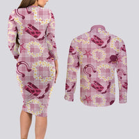 Aloha Hawaii Paniolo Lokelani Rose Palaka Couples Matching Long Sleeve Bodycon Dress and Long Sleeve Button Shirt Coastal Rodeo LT7 - Polynesian Pride