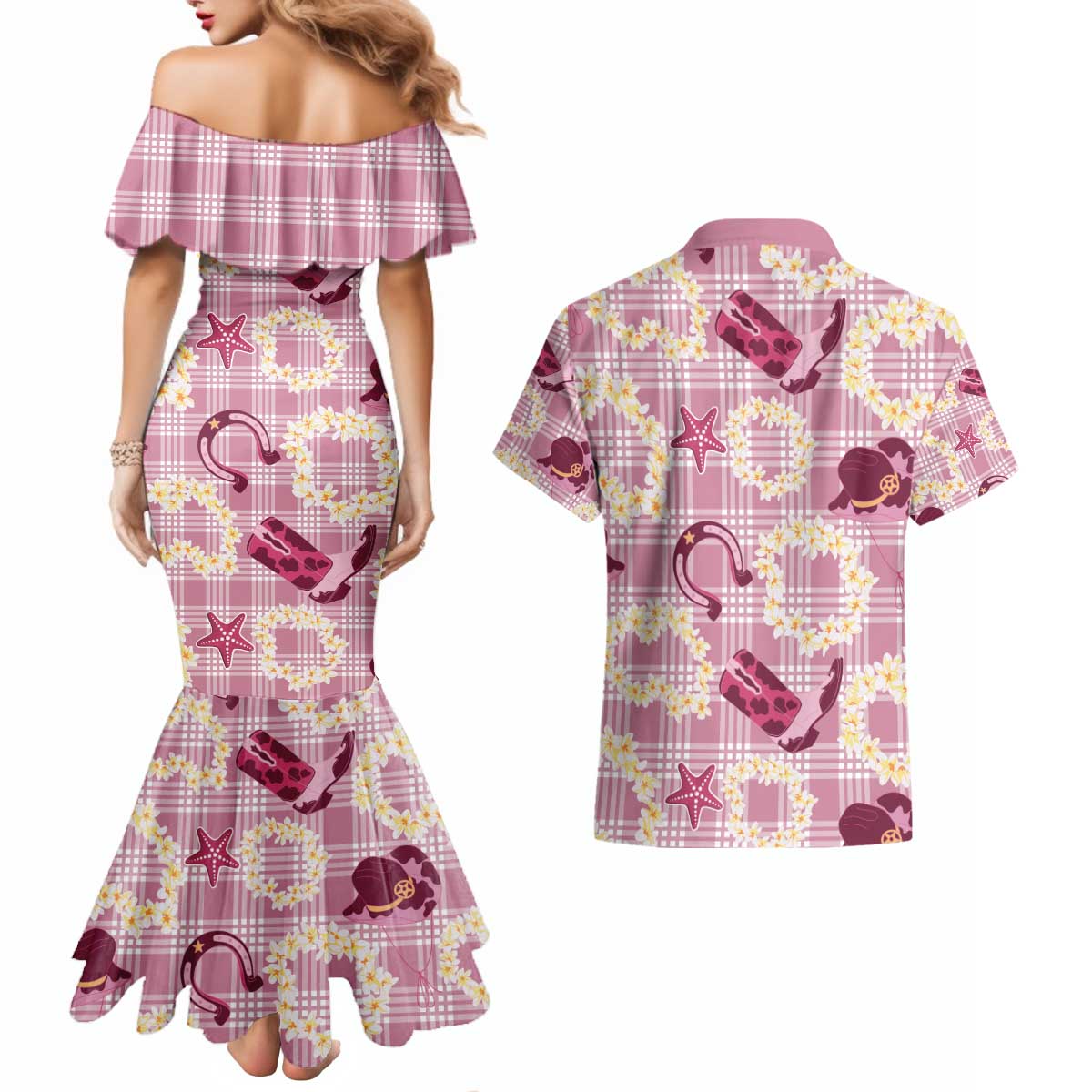 Aloha Hawaii Paniolo Lokelani Rose Palaka Couples Matching Mermaid Dress and Hawaiian Shirt Coastal Rodeo LT7 - Polynesian Pride