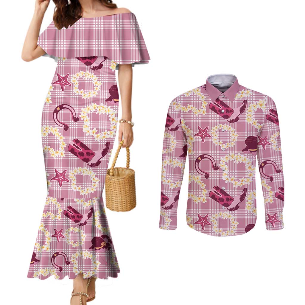 Aloha Hawaii Paniolo Lokelani Rose Palaka Couples Matching Mermaid Dress and Long Sleeve Button Shirt Coastal Rodeo LT7 Rose Pink - Polynesian Pride