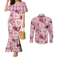 Aloha Hawaii Paniolo Lokelani Rose Palaka Couples Matching Mermaid Dress and Long Sleeve Button Shirt Coastal Rodeo LT7 Rose Pink - Polynesian Pride