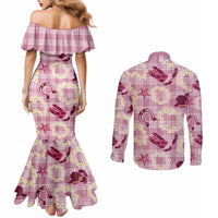 Aloha Hawaii Paniolo Lokelani Rose Palaka Couples Matching Mermaid Dress and Long Sleeve Button Shirt Coastal Rodeo LT7 - Polynesian Pride