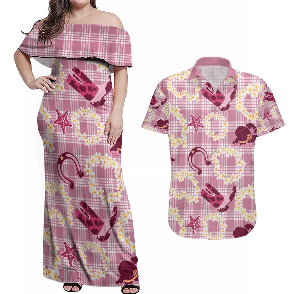 Aloha Hawaii Paniolo Lokelani Rose Palaka Couples Matching Off Shoulder Maxi Dress and Hawaiian Shirt Coastal Rodeo LT7 Rose Pink - Polynesian Pride