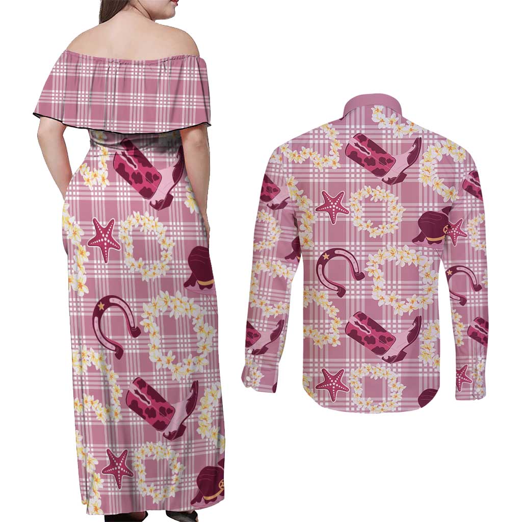 Aloha Hawaii Paniolo Lokelani Rose Palaka Couples Matching Off Shoulder Maxi Dress and Long Sleeve Button Shirt Coastal Rodeo LT7 - Polynesian Pride