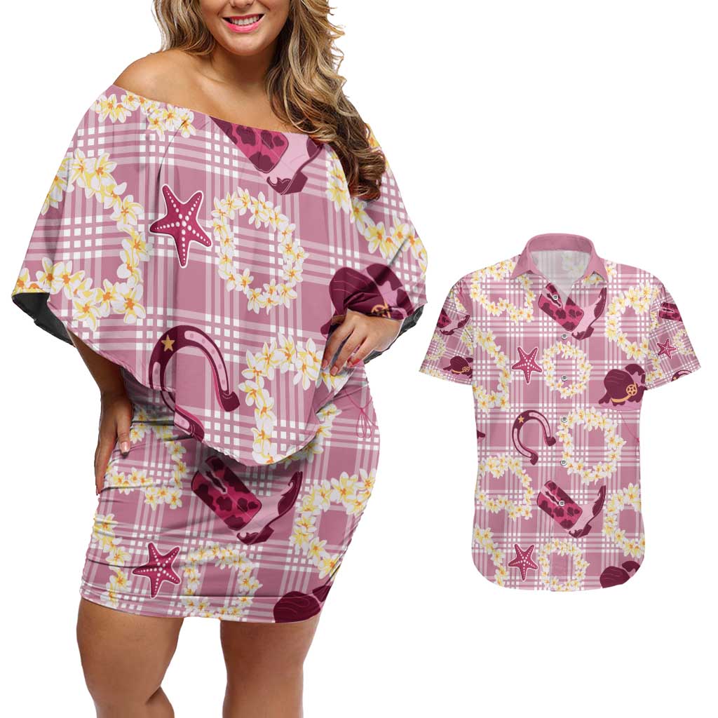 Aloha Hawaii Paniolo Lokelani Rose Palaka Couples Matching Off Shoulder Short Dress and Hawaiian Shirt Coastal Rodeo LT7 Rose Pink - Polynesian Pride