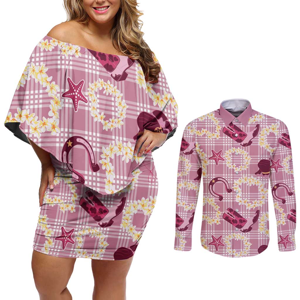 Aloha Hawaii Paniolo Lokelani Rose Palaka Couples Matching Off Shoulder Short Dress and Long Sleeve Button Shirt Coastal Rodeo LT7 Rose Pink - Polynesian Pride