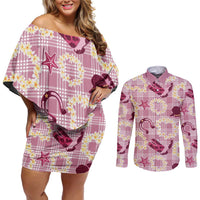 Aloha Hawaii Paniolo Lokelani Rose Palaka Couples Matching Off Shoulder Short Dress and Long Sleeve Button Shirt Coastal Rodeo LT7 Rose Pink - Polynesian Pride