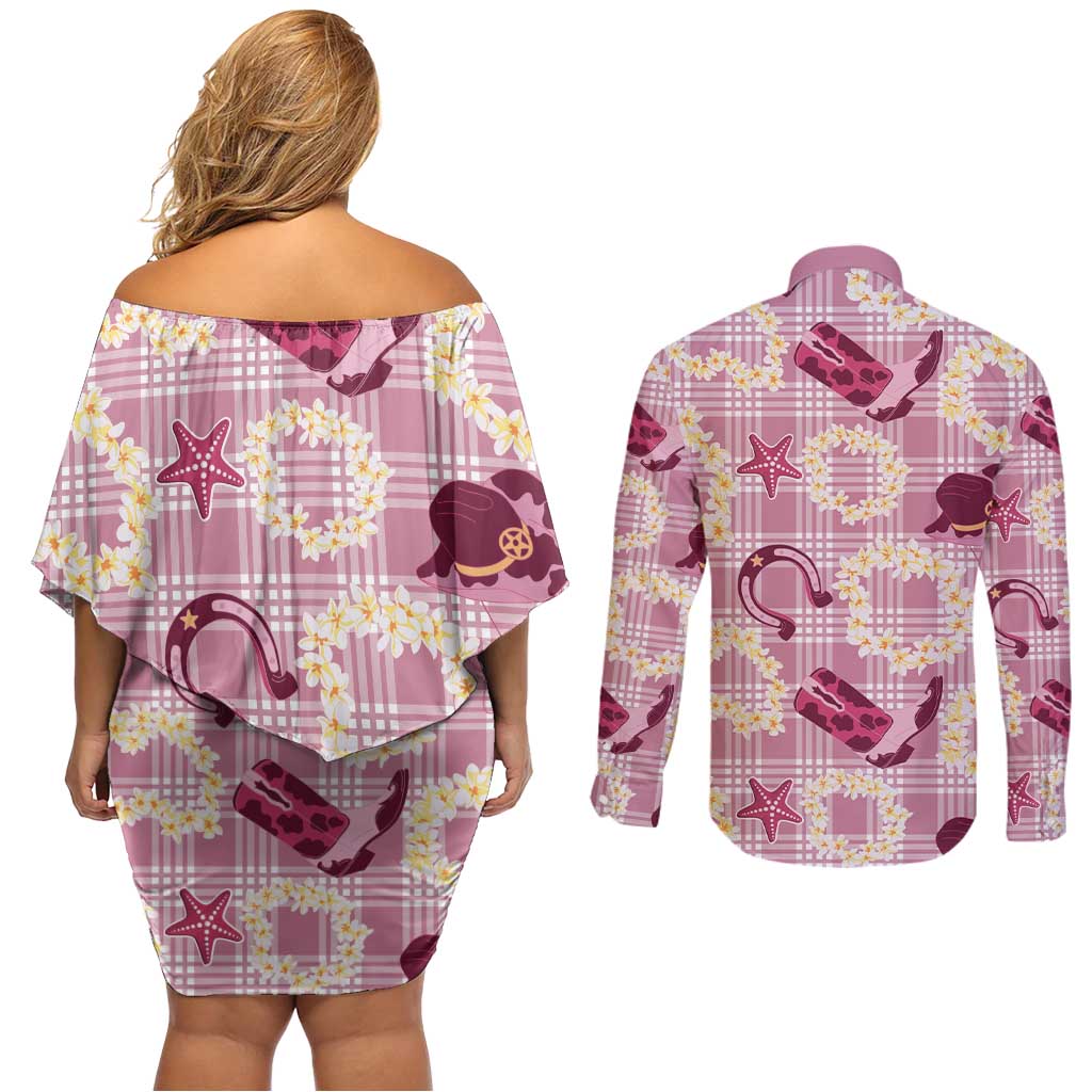 Aloha Hawaii Paniolo Lokelani Rose Palaka Couples Matching Off Shoulder Short Dress and Long Sleeve Button Shirt Coastal Rodeo LT7 - Polynesian Pride
